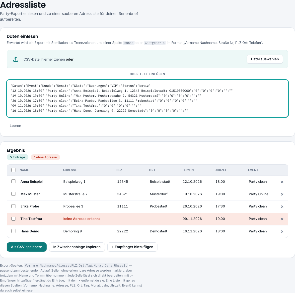 Bereich Adressen mit CSV-Feld und Ergebnisliste