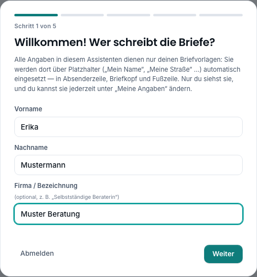 Anmelde-Assistent, Schritt 1 von 5