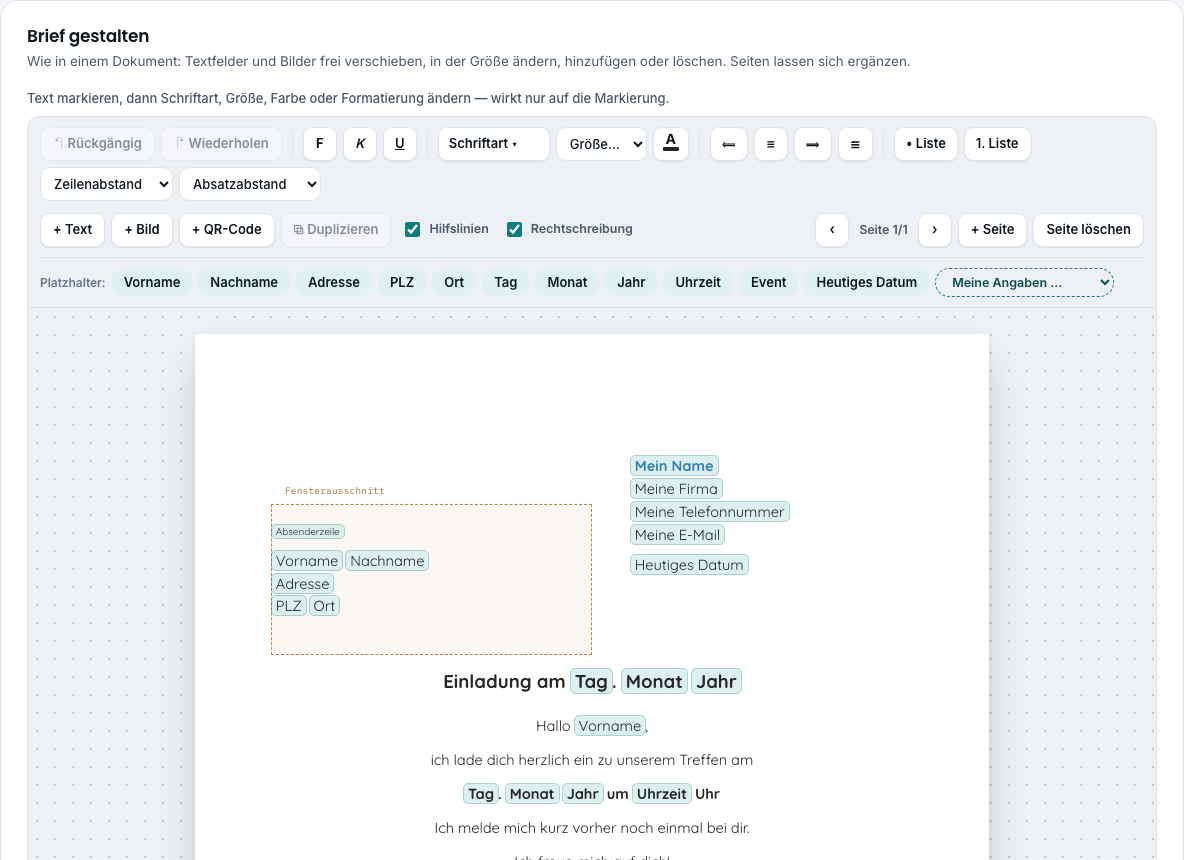 Editor mit Werkzeugleiste und Briefblatt