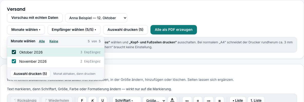 Kasten Versand mit geöffneter Monatsauswahl