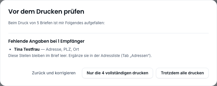 Fenster „Vor dem Drucken prüfen“