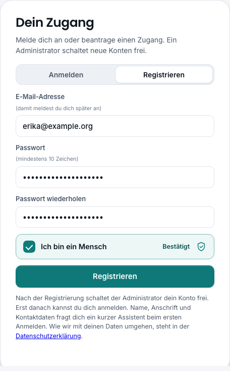 Registrierformular mit E-Mail, Passwort und dem Feld „Ich bin ein Mensch“